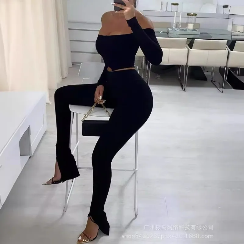 New Arrivals Fashion 2024 Spring Summer New Women's Clothing Solid Color Off-Neck Long Sleeve Top Split Trousers Suit