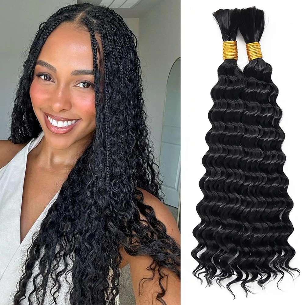 

Глубокие волны объемные волосы для плетения 20 дюймов, 2 пучка натуральных черных синтетических вьющихся волос для плетения косичек в стиле бохо без утка, влажные