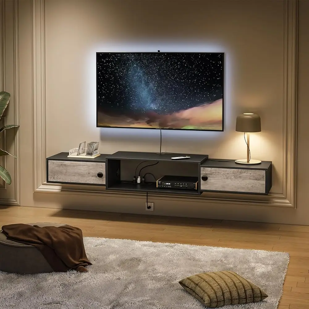 

Floating Tv Stand With Power Outlets 55"", Modern Wall Mounted Media Console Shelf With Doors, Entertainment Center For Under