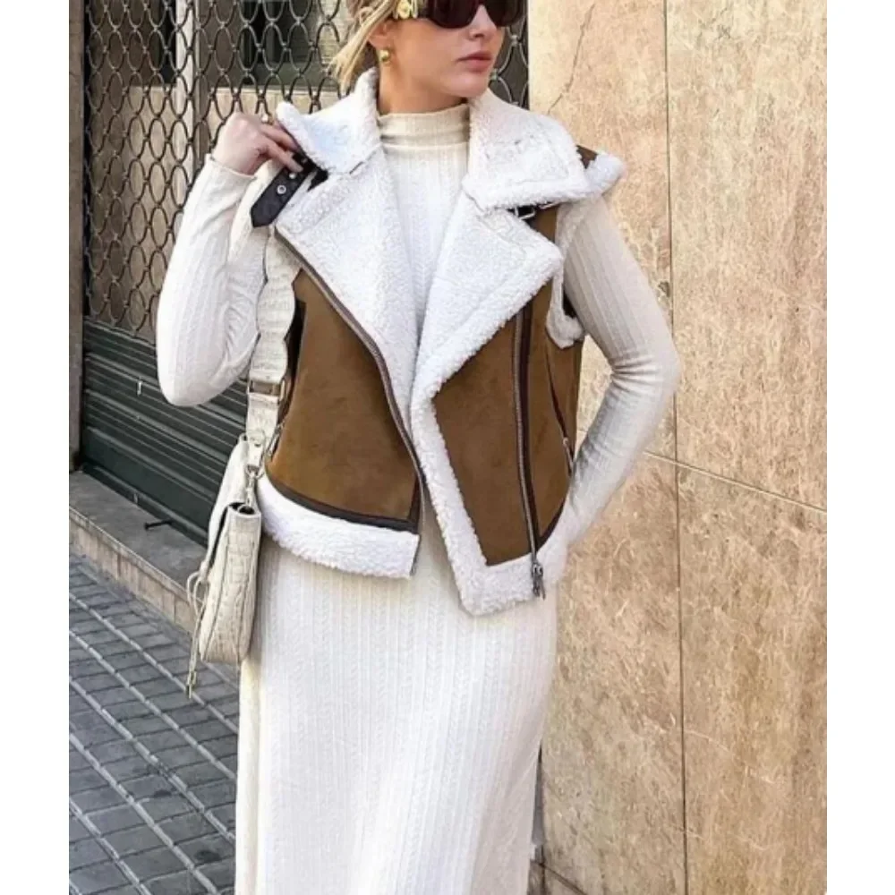 

Fashion Elegant Women Thickening Warm Zip Waistcoats Coat Female Faux Leather Lambswool Patchwork Sleeveless Casual Vest