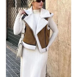 Fashion Elegant Women Thickening Warm Zip Waistcoats Coat Female Faux Leather Lambswool Patchwork Sleeveless Casual Vest