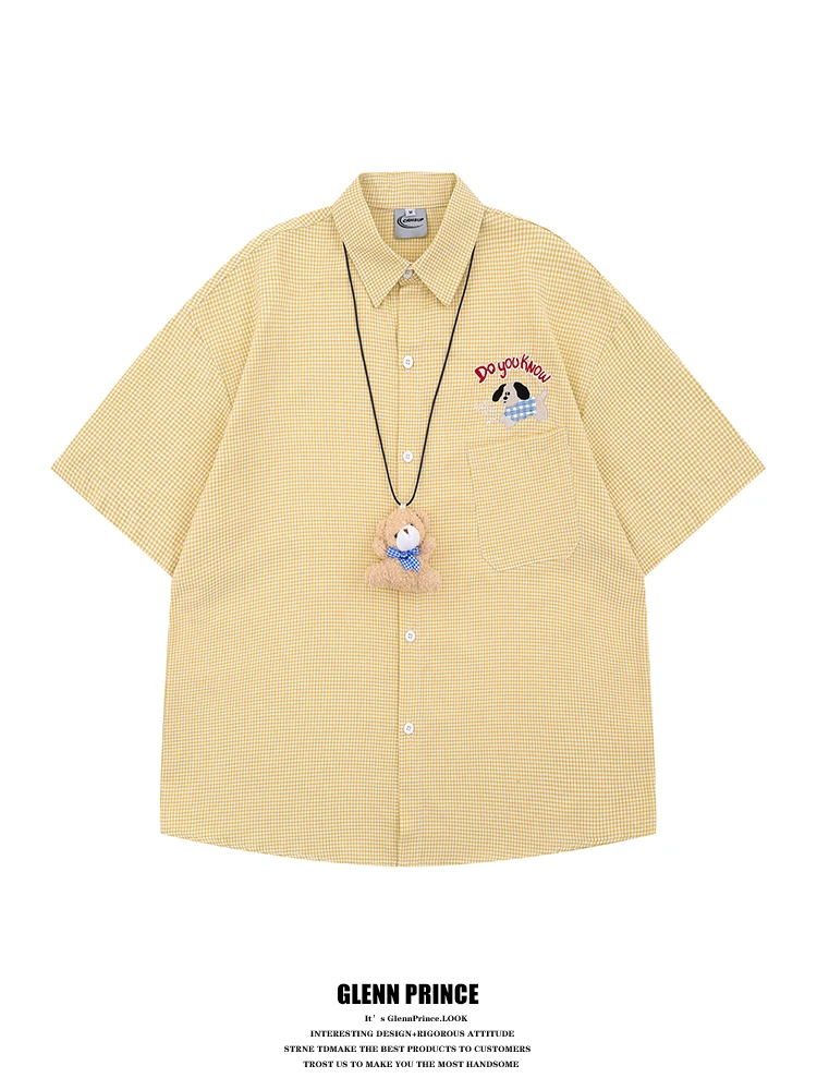 

GPstudio Lazy Relaxing Plaid Short Sleeve Embroidered Casual Shirt Men Summer Couple Loose Fit Half Sleeve Polyester Cotton