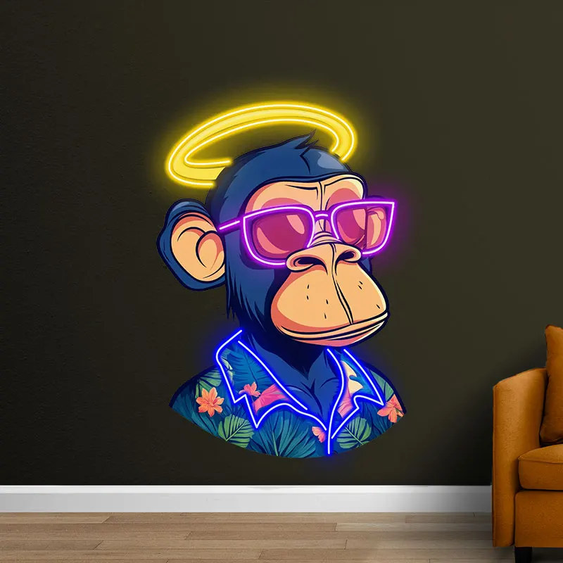 Toysign Hawaiian Style Neon Monkey Wall Art, Fun LED Design with Sunglasses & Floral Shirt, Ideal Light Decor for Tropical Vibes