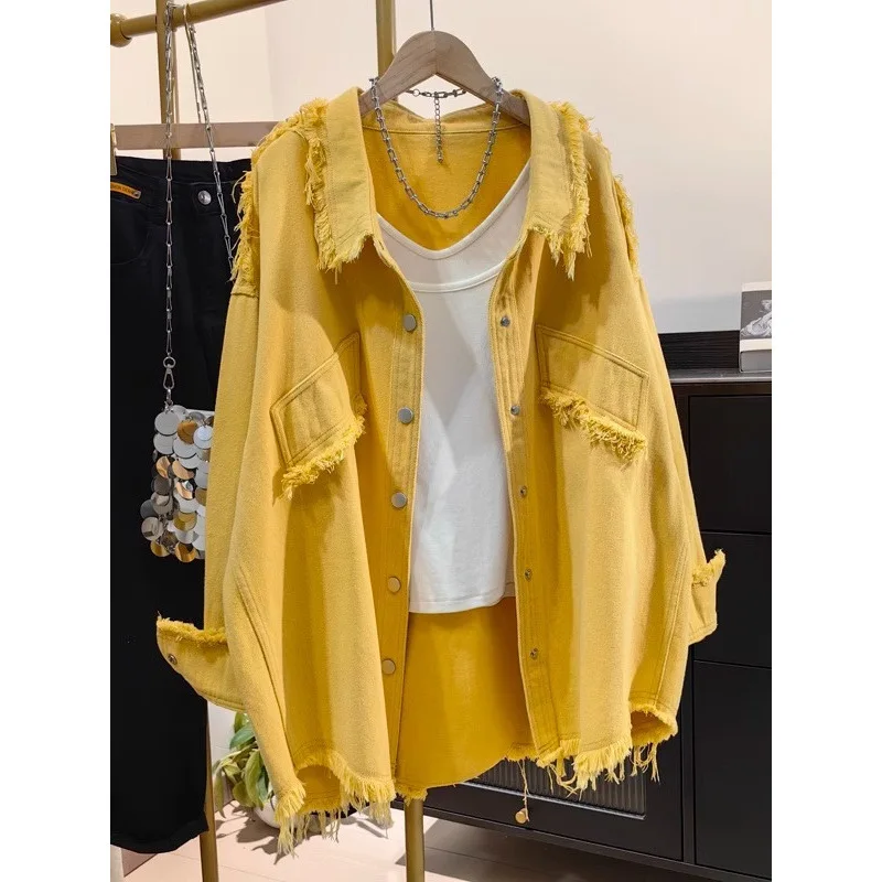 

Spring Autumn Women Burr-edged Denim Shirt Jacket Korean Solid Single-breasted Loose Casual Tops Cowboy Jacket Female Outerwear