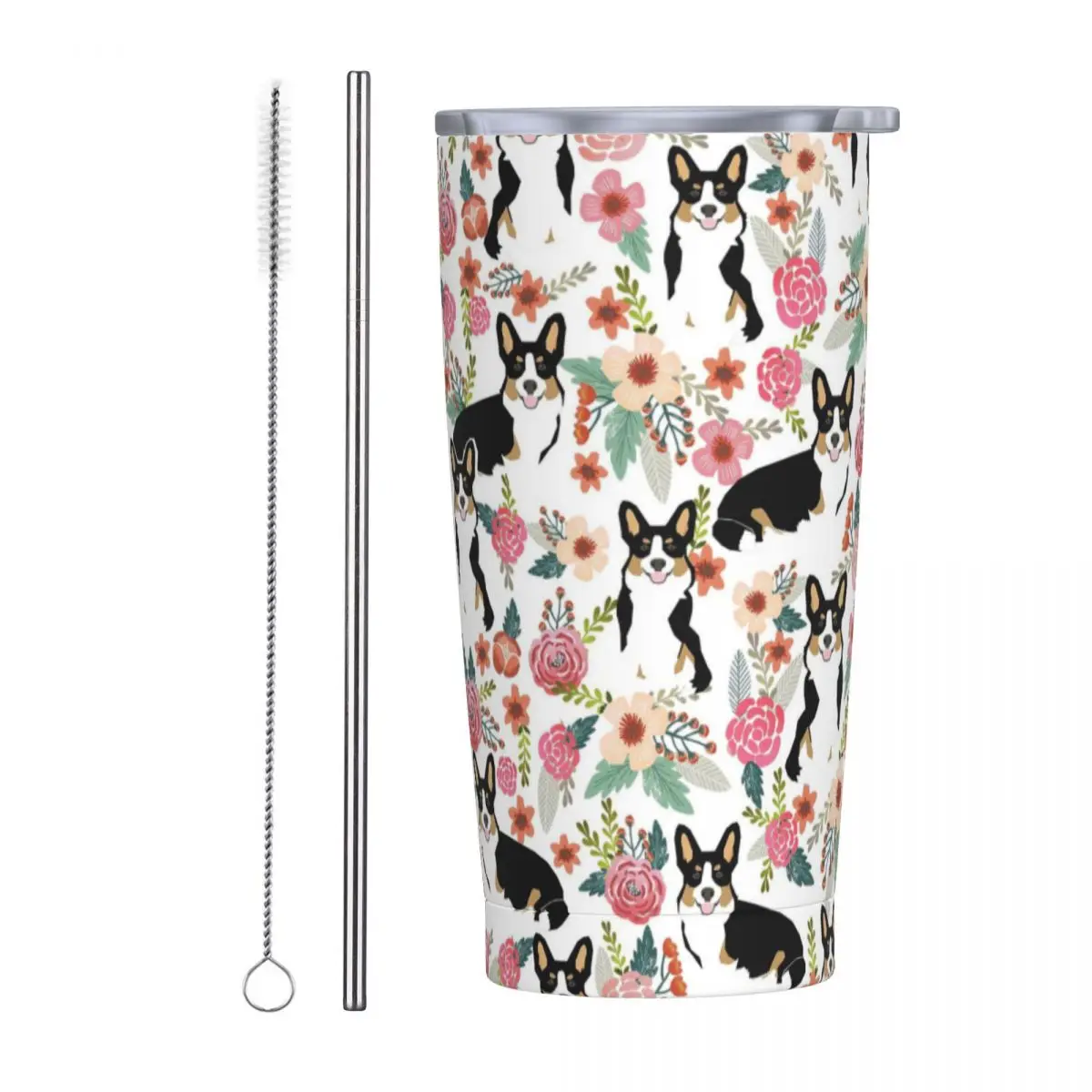 Corgi Dog Floral Insulated Tumbler with Straws and Lid Animal Stainless Steel Travel Thermal Cup 20 Oz Office Home Mugs Cup