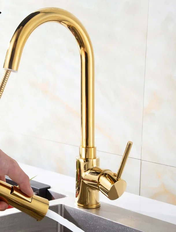 European kitchen faucet Extraction all-copper gold vegetable basin Kitchen sink faucet Undercounter basin Retractable faucet수전