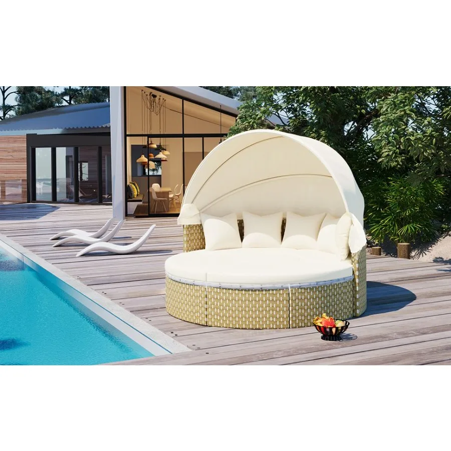 

TOPMAX Patio Furniture Round Outdoor Sectional Sofa Set Rattan Daybed TwoTone Weave Sunbed with Retractable Canopy Separate Sea