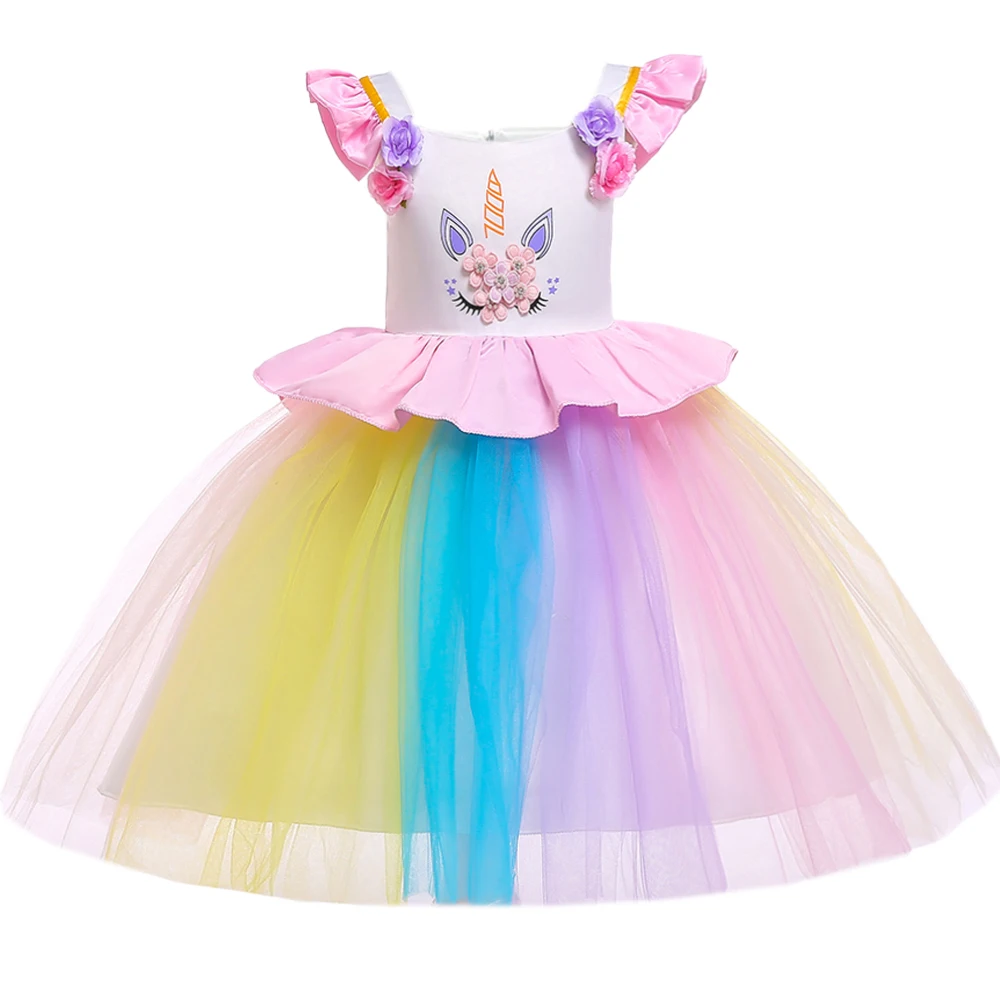 Colorful Girls Unicorn Dress Pastel Rainbow Tulle Princess Girl Birthday Party Dresses Child Halloween Unicorn Perform Costumes