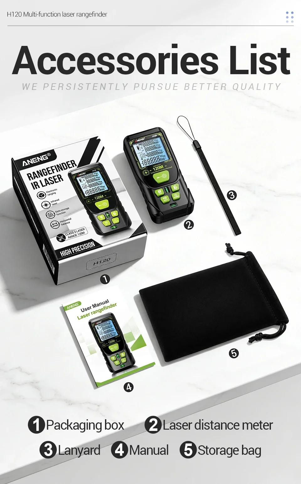ANENG H120 Digitaler Laser-Entfernungsmesser Hohe Präzision ±3mm Tragbarer Mini-Laser-Messgerät 0,05m~120m Fläche/Volumen Multifunktions-Tester – Detail 18