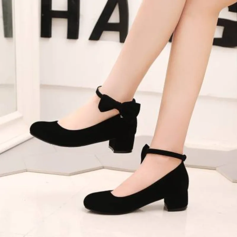 

Замшевые туфли из флока, женские туфли-лодочки с острым носком, массивные туфли на высоком каблуке с пряжкой и ремешком, офисные женские вечерние модельные туфли с галстуком и бантом