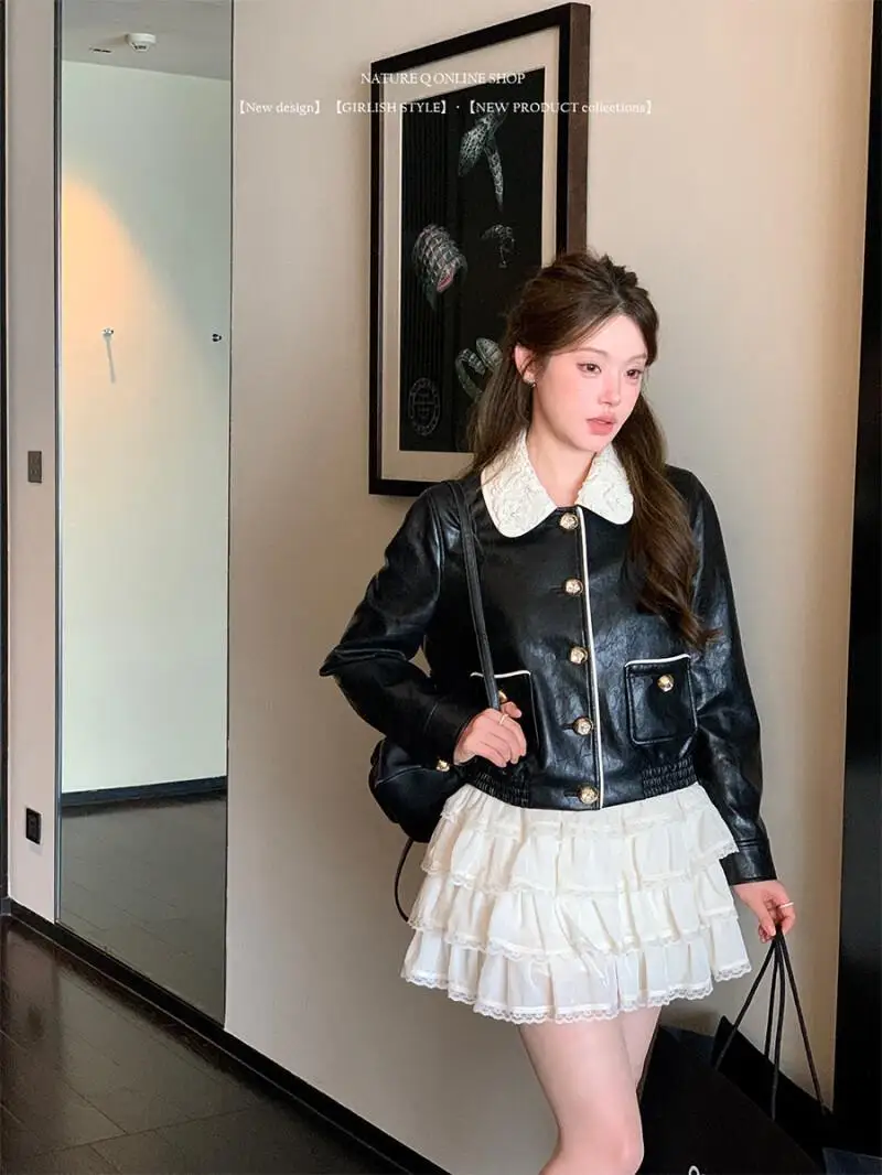 เสื้อแจ็คเก็ตหนังคอปีเตอร์แพนสไตล์เกาหลี เสื้อแจ็คเก็ตสั้นสำหรับผู้หญิง เสื้อโค้ทแฟชั่นสไตล์ลำลองสำหรับฤดูใบไม้ผลิและฤดูใบไม้ร่วง