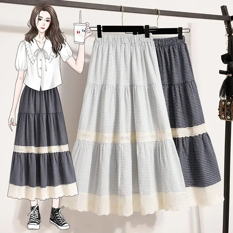 College style retro crochet plaid lace spliciing half skirt women summer new design sense color blocking slimming long skirt