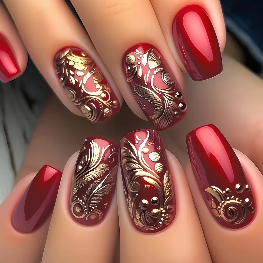 

24PCS Red Medium Square False Nails with Glue Golden Totem Patterns French Fake Nails for Women Detachable Press on Nails Patch