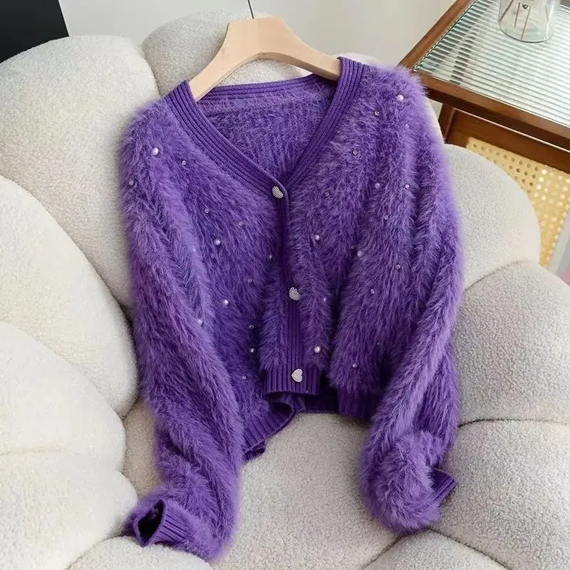 Purple Solid Casual Mink V-Neck Single Breasted Long Sleeve Women\'s Cardigan Sweater Cardigan For Women Clothing Autumn Winter