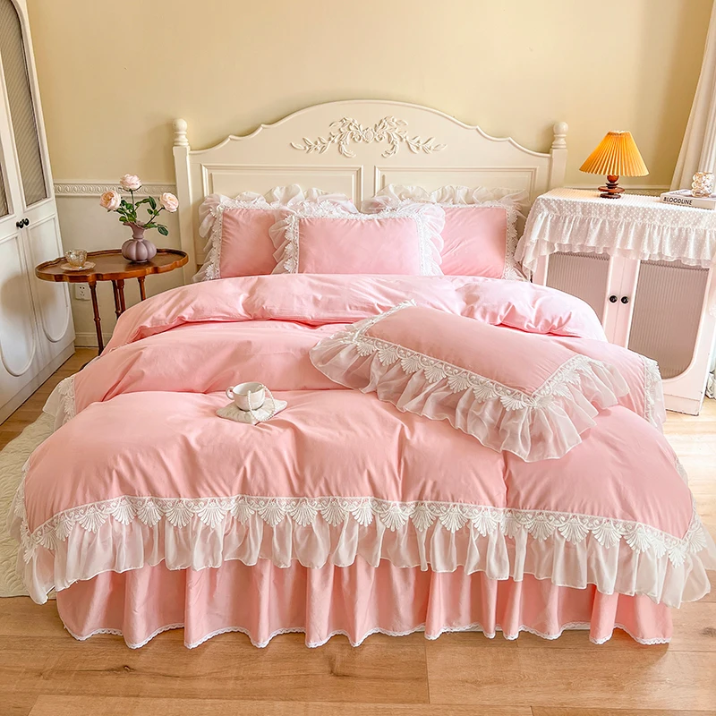 

Lace Ruffles Bedding Set Luxury Pink Egyptian Cotton Princess Quilt/Duvet Cover Bed Skirt Pillowcases Solid Color Bed Sets
