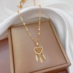 316L Stainless Steel Gold Plated Romantic Crystal Heart Dream Catcher Pendant Necklace For Women Girls Temperament Party Gifts