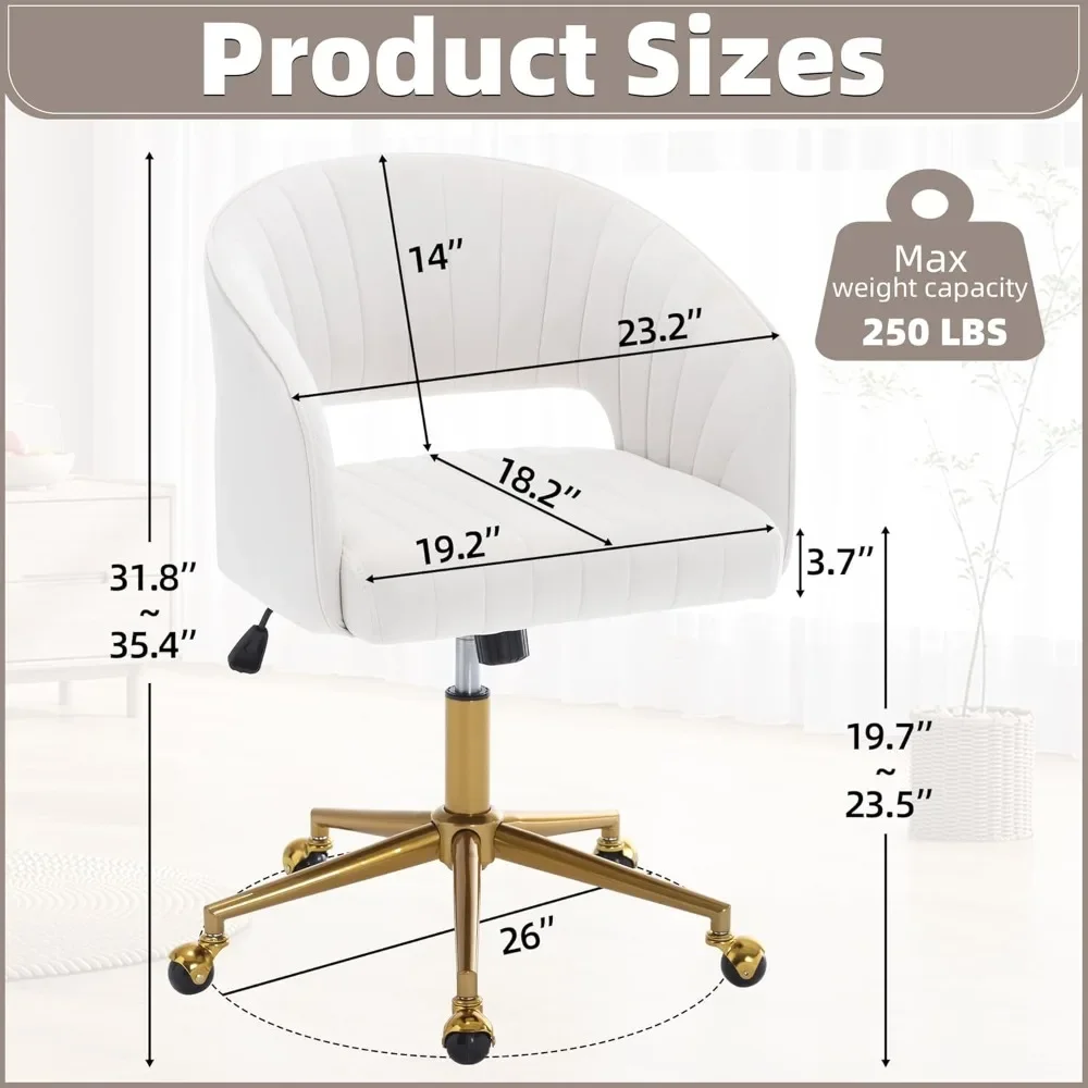 Chair with Wheels, Velvet Home Office Chair, Swivel Armchair Gold Base, Upholstered Modern Accent Chairs, Back Incline