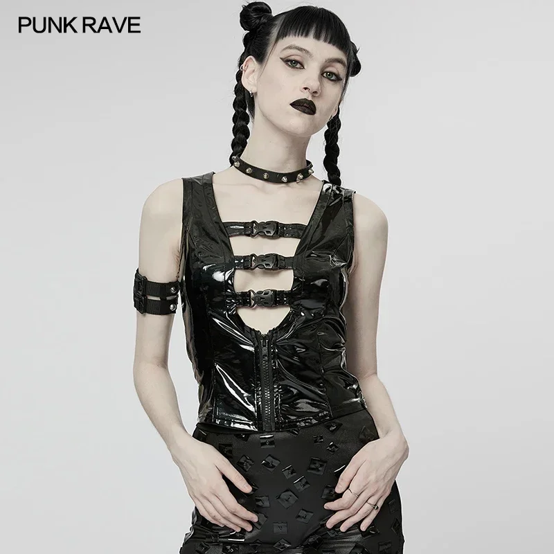 PUNK RAVE Women's Punk Style Hollow Out Sexy Slim Patent Leather Vest Handsome Cool Short Tops Tees Spring/Summer