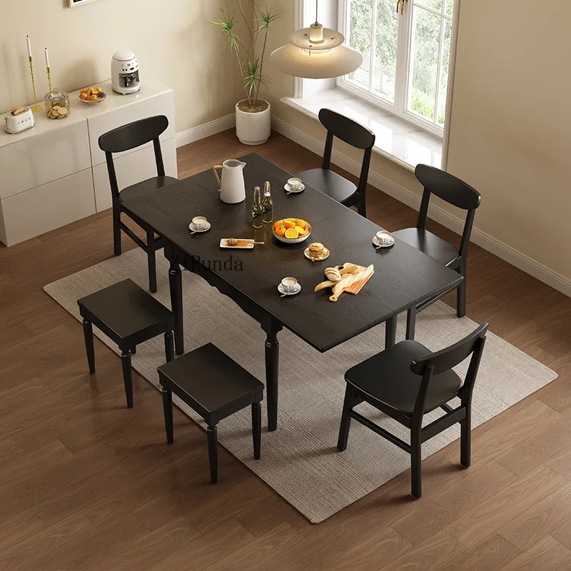 طاولة طعام مربعة قابلة للطي من الخشب الصلب على طراز العصور الوسطى وكرسي مزيج حديث وبسيط منزلي على الطراز الكريمي الشمالي #5