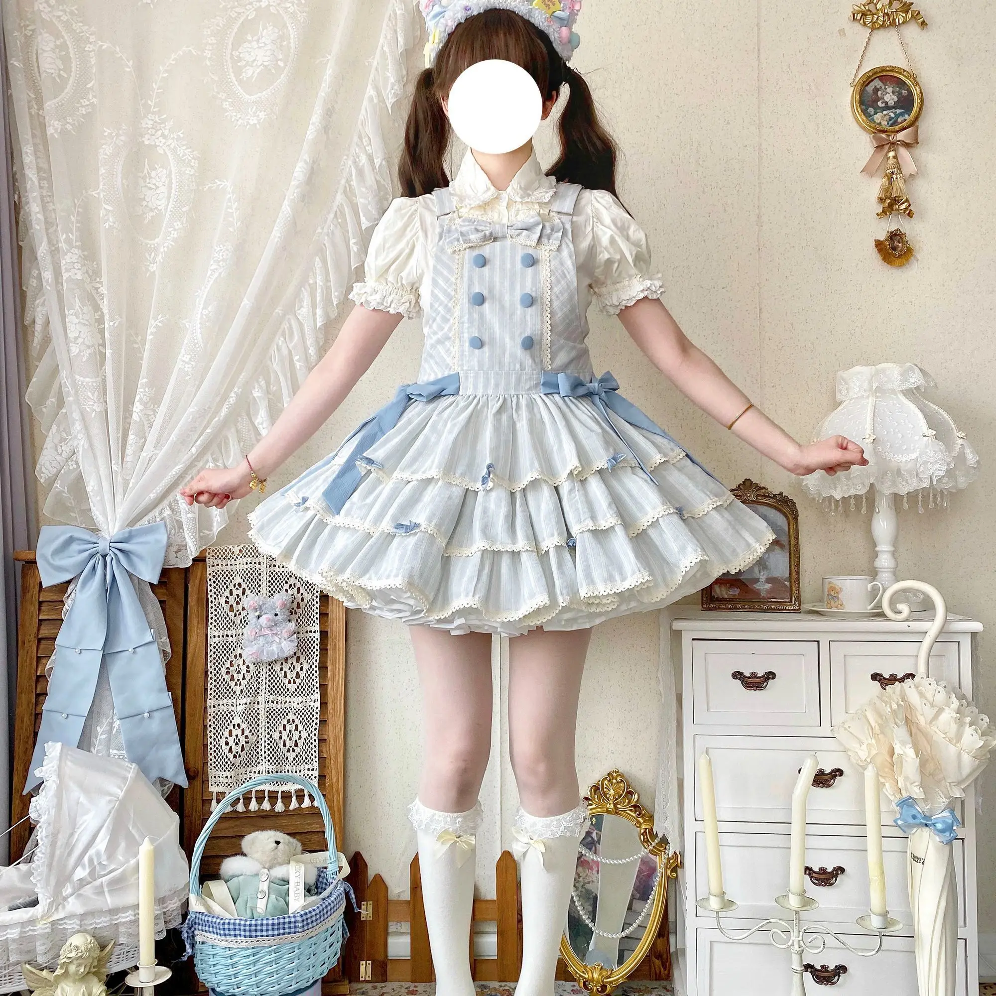 Coalfell Original Lolita Gonna con cinturino carino a righe al cioccolato Abito estivo Jsk in cotone a tre strati