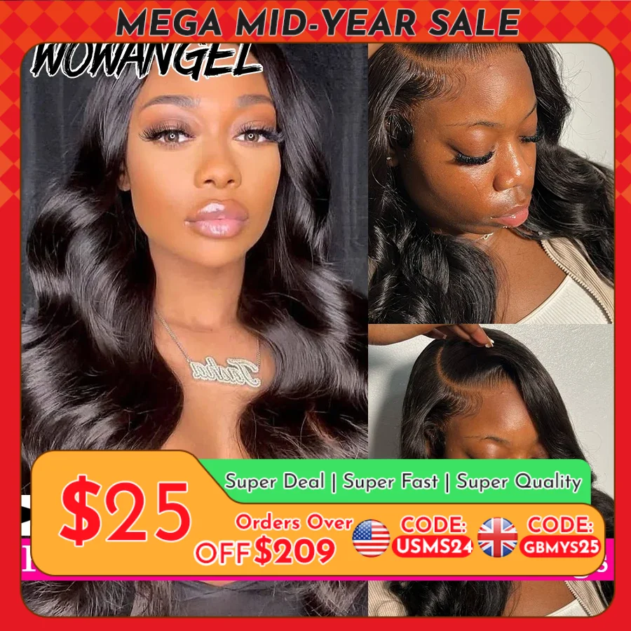 Wow anjo 13x6 hd perucas dianteiras do laço 250% remy cabelo onda do corpo perucas de cabelo humano hd perucas do laço pré arrancadas usar para ir perucas para mulher