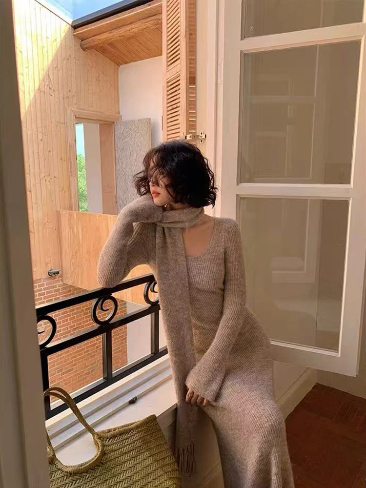 Robe mi-longue tricotée Vintage Y2K, Slim avec écharpe, manches longues, Streetwear coréen, Chic, assortie avec tout, automne