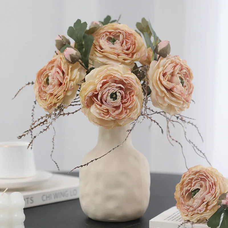 Artificial Dry Peony Flower Single Head With Grass Peony Flower Fake Flower Home Decoration Hotel Wedding Flower Luxury Decor