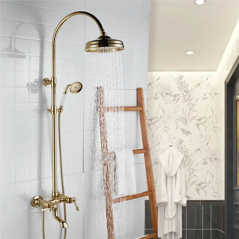  Gold Bathroom Shower Faucet Set Chrome Bathroom Rainfall Shower Mixer Tap Polished Gold Brass Bath and Shower Faucet Set