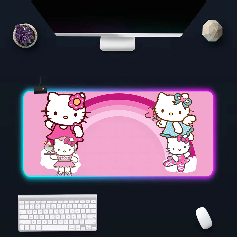 Cute Kittys Cartoon Helloes RGB Pc Gamer Tastiera Mouse Pad Mousepad LED Incandescente Tappetini per mouse Gomma Gaming Computer Mausepad