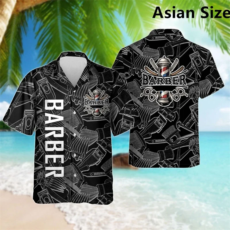 Simple Fashion Barber Graphic Shirts Summer Trend Short Sleeve 3D Print Lapel Workwear Shirt Casual Breathable Loose Unisex Tops