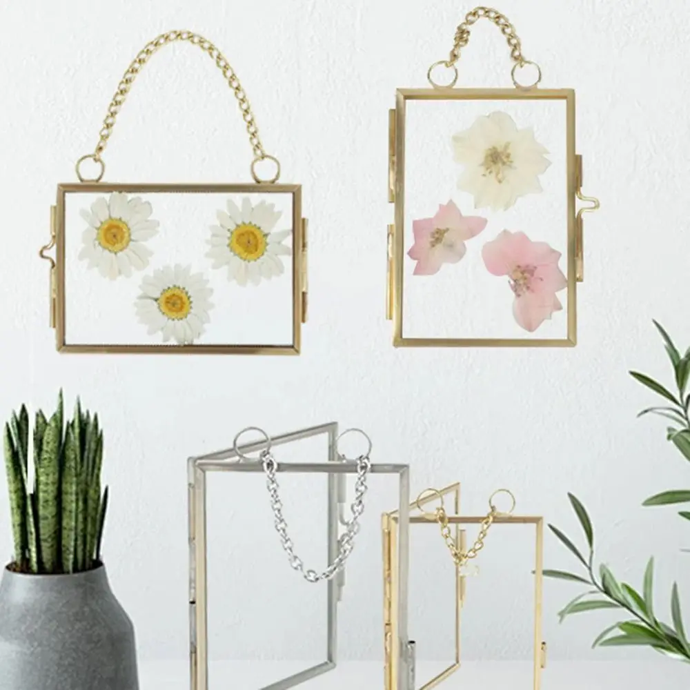 Transparent Photo Picture Frame Creative DIY High Translucent Glass Photo Frame Retro Metal Chain Flower Plant Display Rack Home