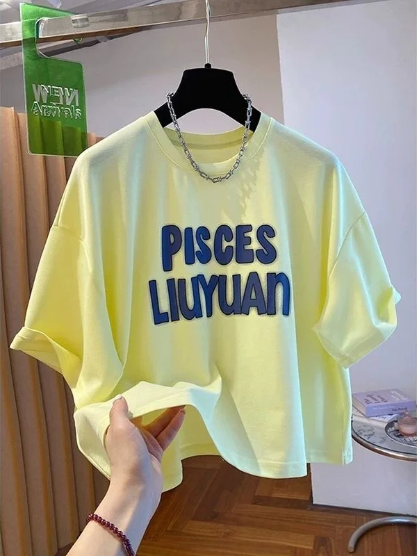 

Fashionable Korean Style plus Size Short Sleeve T-Shirt Letter Print Loose Fit Summer Top for plus Size Women Breathable Skin...