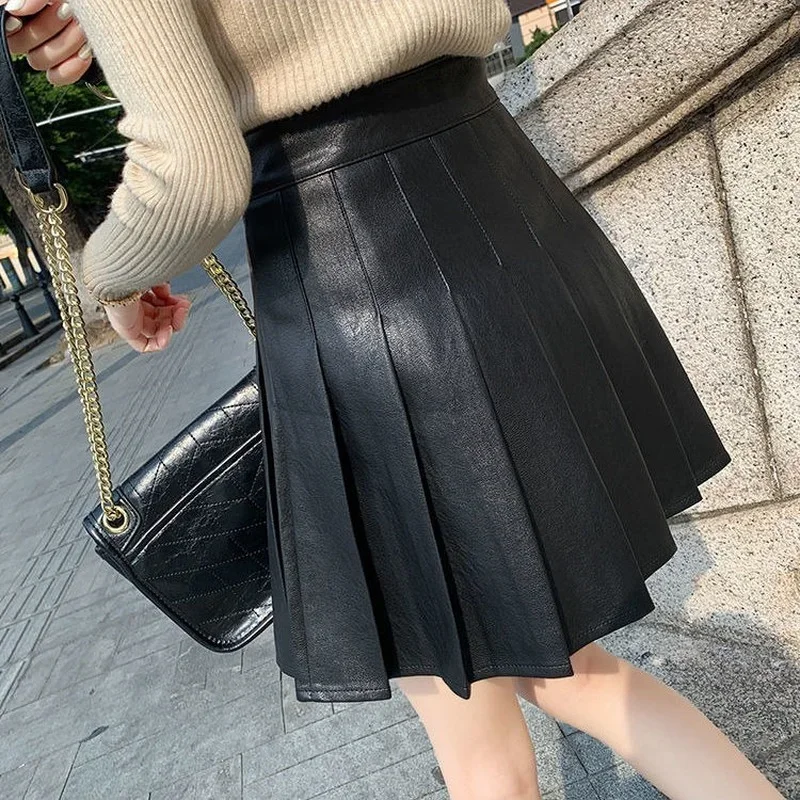 Pleated Skirts Women Mini Summer Sweet Ulzzang Students Lovely All-match Girls Fashion PU Elegant Street Leisure Pure Color New