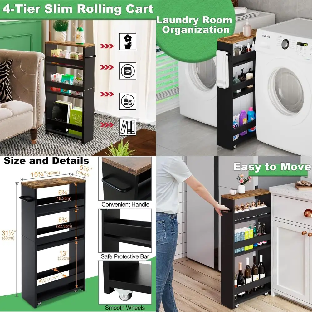 

4-уровневая черная кухонная тележка на колесиках, тонкая универсальная тележка-органайзер для стирки, ванной комнаты и небольших помещений