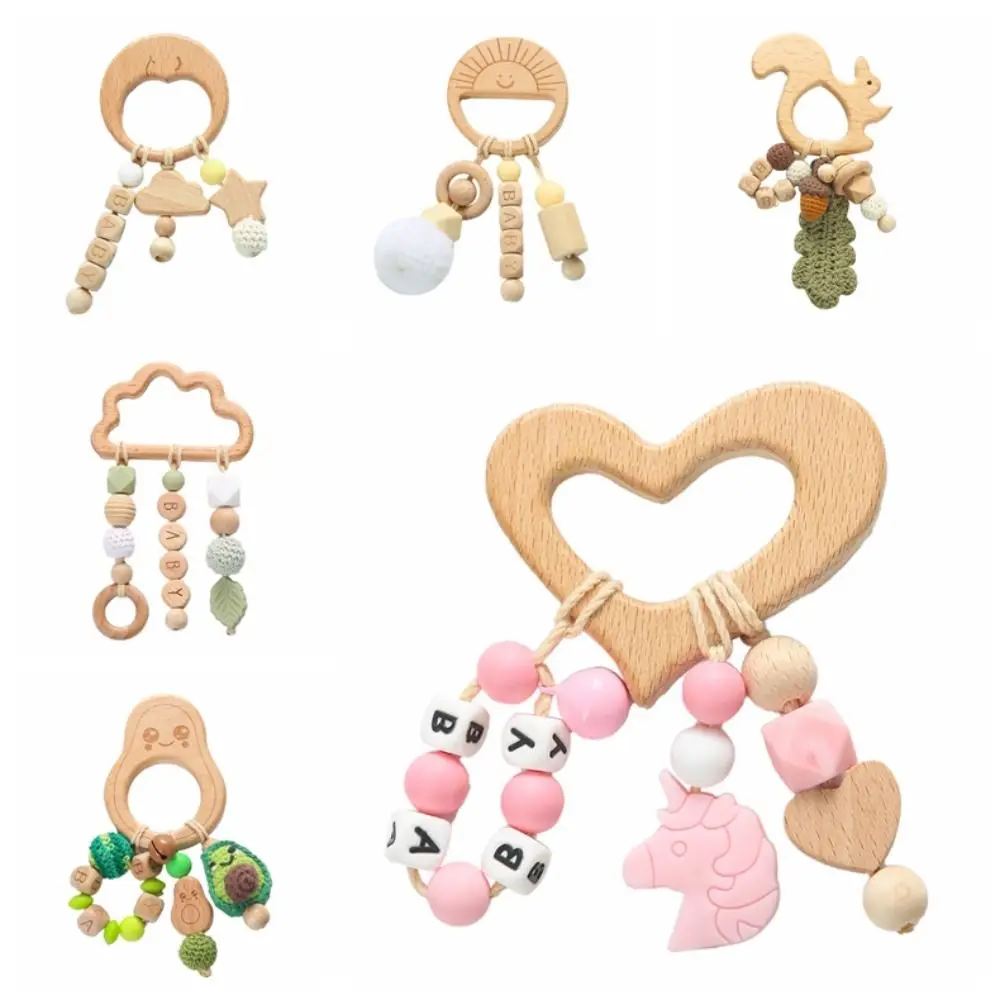 Cartoon Anti-lost Wooden Baby Rattle Toy Handmade Adjustable Handbell Rattle Toy Montessori Food Grade Wooden Rings Toy Baby