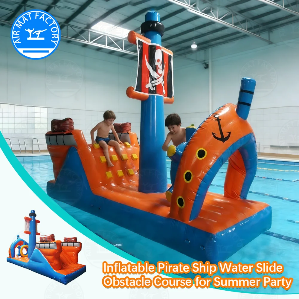 Pirate Ship Inflatable Water Slide & Obstacle Course Floating Pool Water Play Equipment with Climbing Steps for Family Party