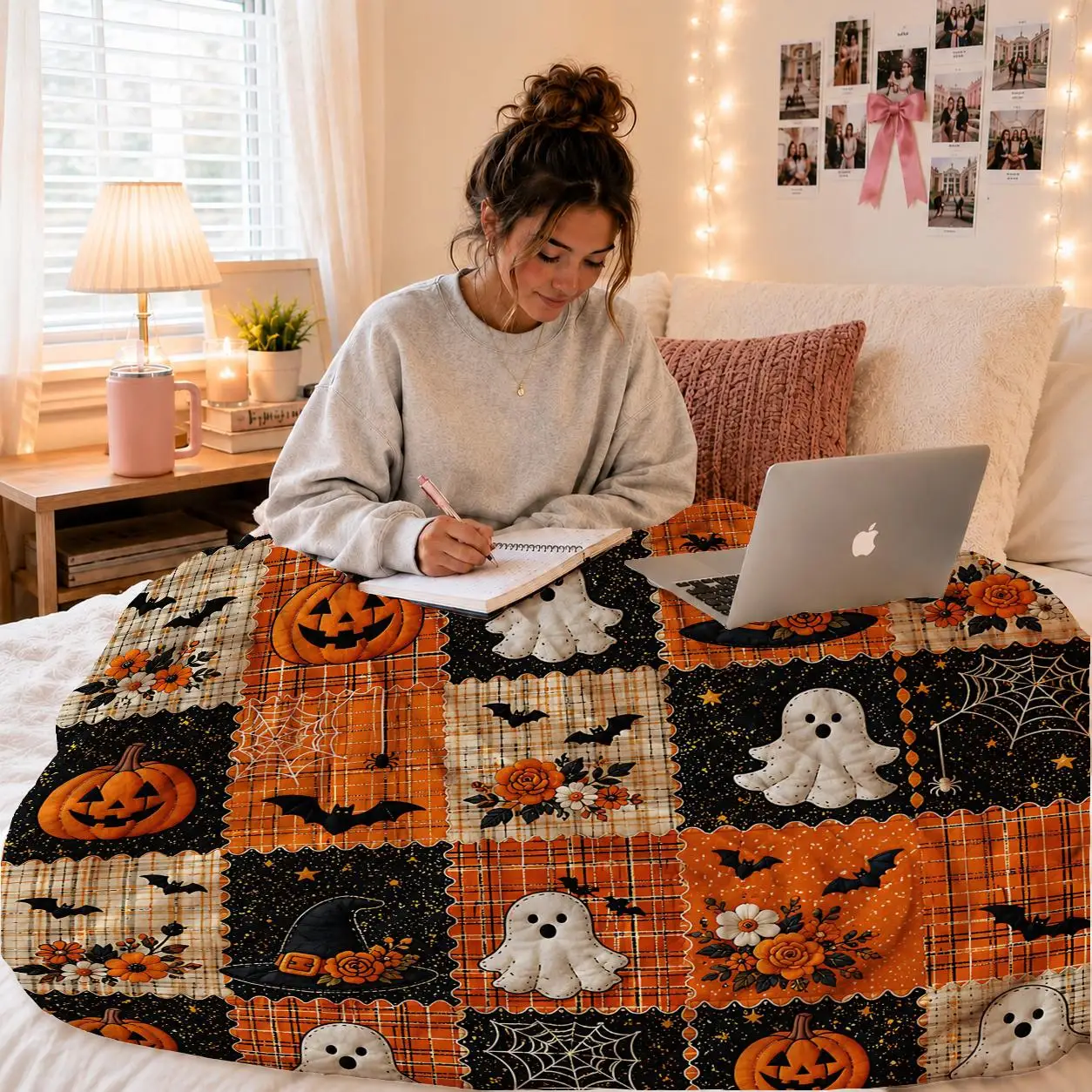 1 Vintage Halloween Throw Blanket, Suitable Living Room, Bedroom, and Sofa, Featuring an Orange Plaid Pattern Combined with a Black Starry, Decorated with Pumpkin,, Bat, Spider Web, and Witch Hat Designs, Made of Soft Flannel,