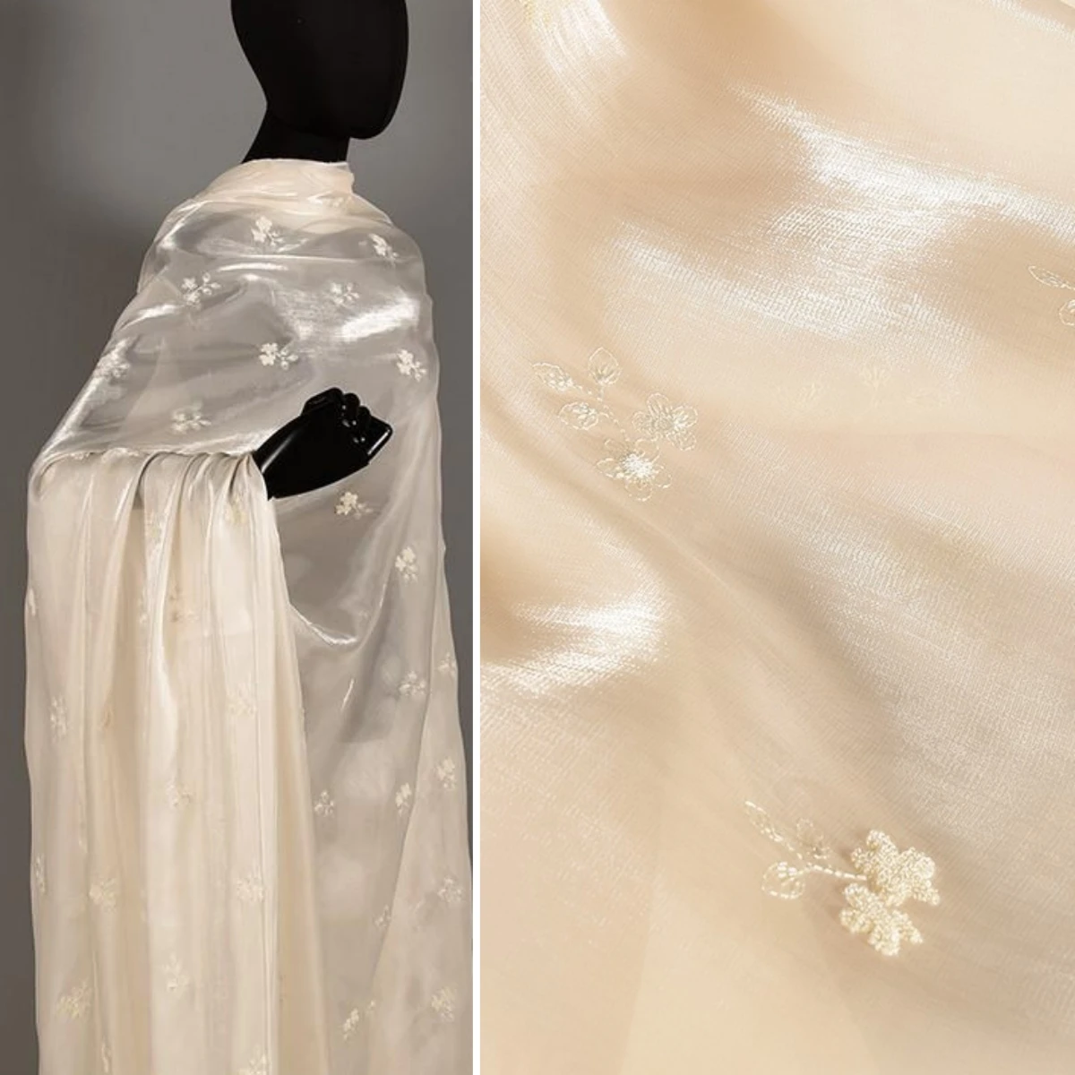 

Apricot colored water light yarn embroidery jacquard fabric semi transparent flowing glossy yarn sewing wedding dress fabric