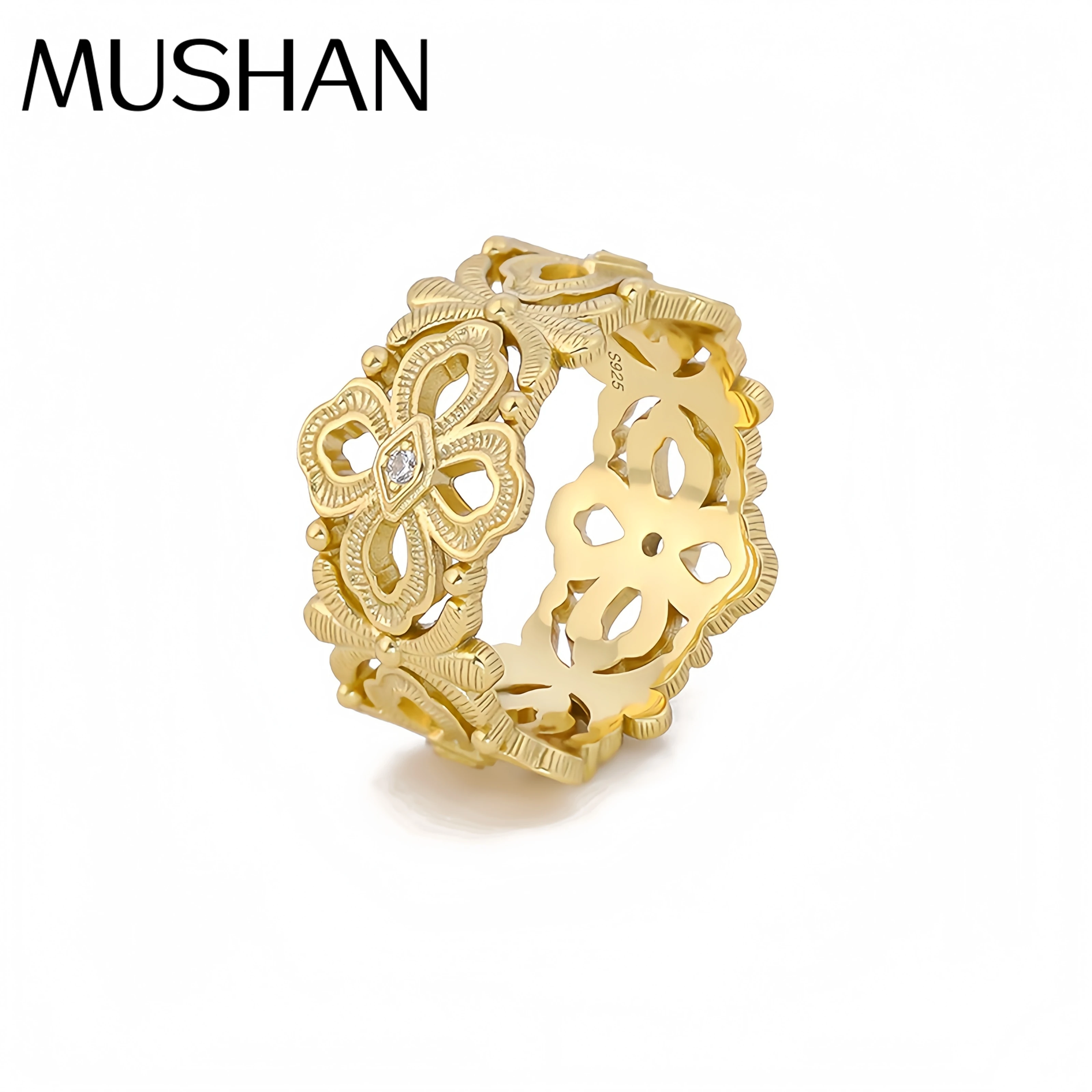 

Mushan Luxury Brand Wire Drawn Hollow Pattern Woven Ring 18K Gold Plated 925 Sterling Silver Rings Fine Jewelry
