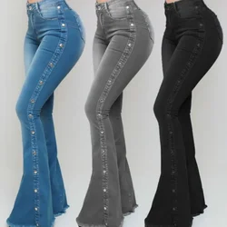 Jeans Hohe Taille Stretch Denim Flare Hosen Frauen Vintage Hosen Tasten Denims Streetwear 2024 Herbst Weibliche Bodenlangen