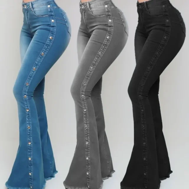 Dżinsy wysokiej talii elastyczne spodnie dżinsowe Flare damskie spodnie w stylu vintage guziki Denims Streetwear 2024 jesień kobieta długość podłogi