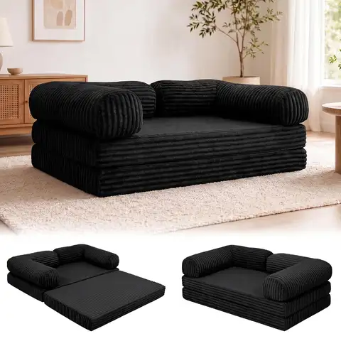 59" Convertible Sofa Bed, Corduroy Couches for Living Room, Black | Curved Armrest Modern Loveseat Sleeper Sofa,, Custom