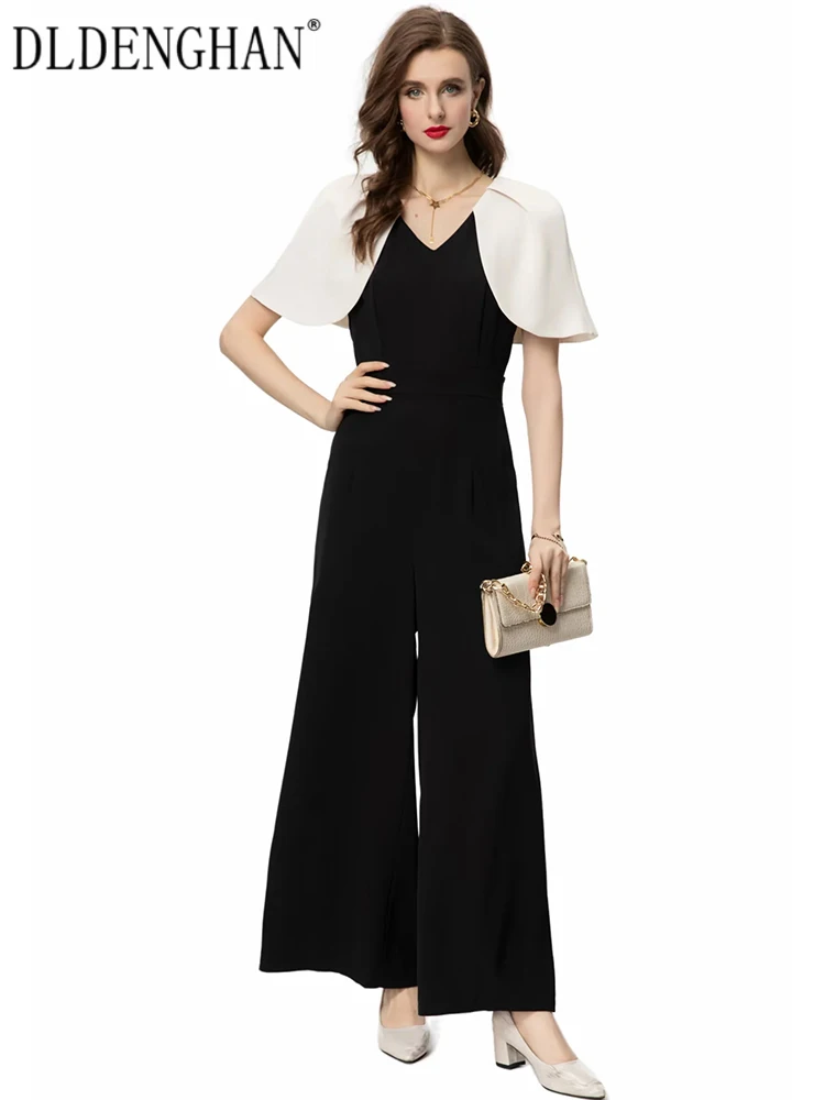 

DLDENGHAN Spring Jumpsuit Women V-Neck White Patchwork Cloak Sleeves Pockets Solid Color Office Lady Wide leg pants Fashion New