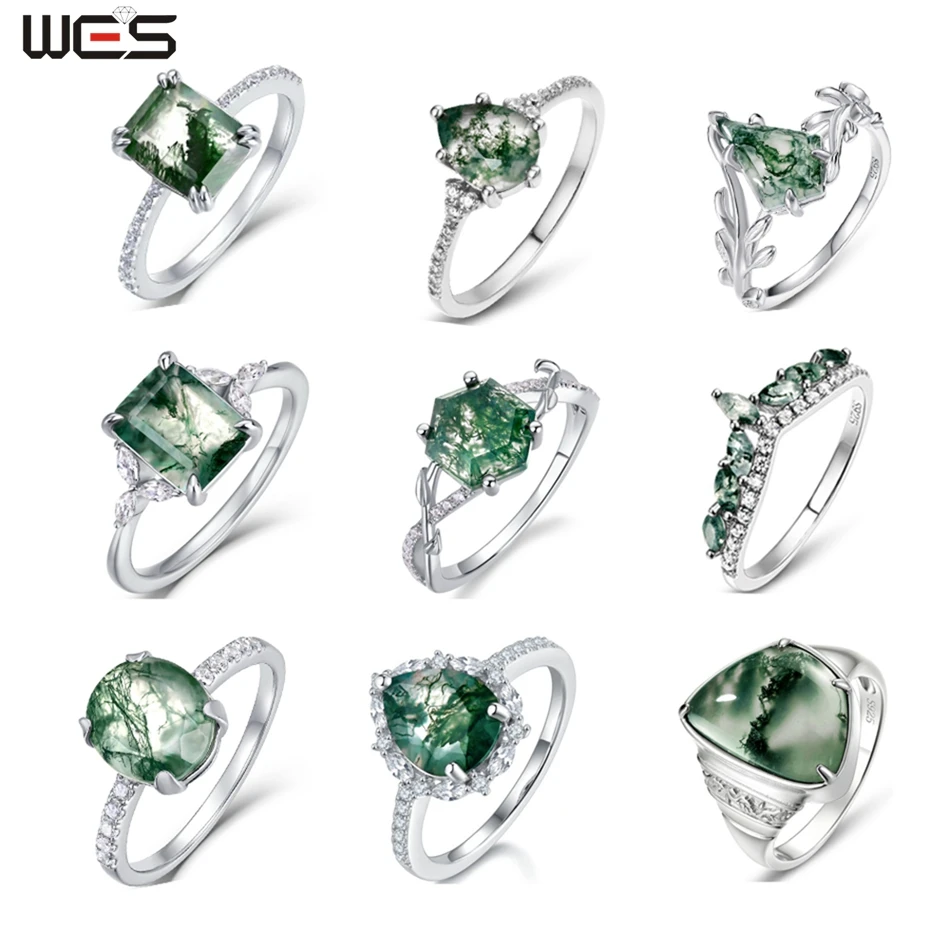 WES 925 Sterling Silver Natural Unique Green Moss Agate Ring for Woman Waterdrop Jewelry Wedding Gift Box Engagement Wholesale