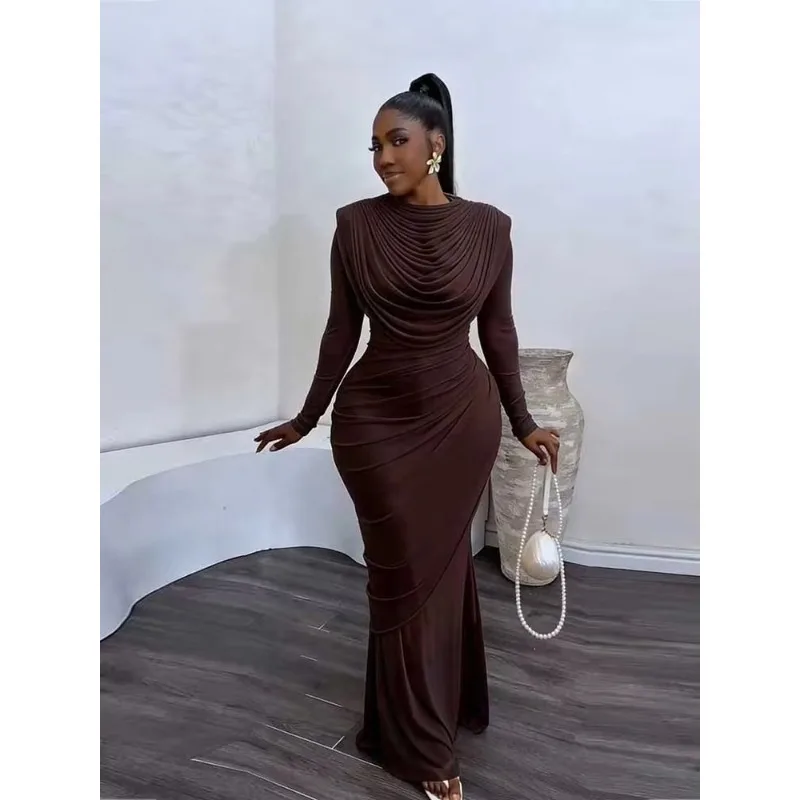 Chic and Elegant Maternity's Evening Dress Mesh Draped Collar Long Sleeve Bodycon Mid Dress Slim High Waisted Sexy Ladies Dress
