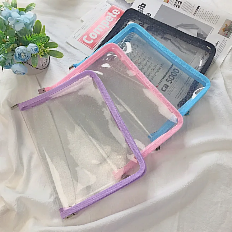 PVC PP Glitter Transparent Storage Organizer Bag A5 A4 Zipper File Bag File Folder Case Bags Stationery Holder