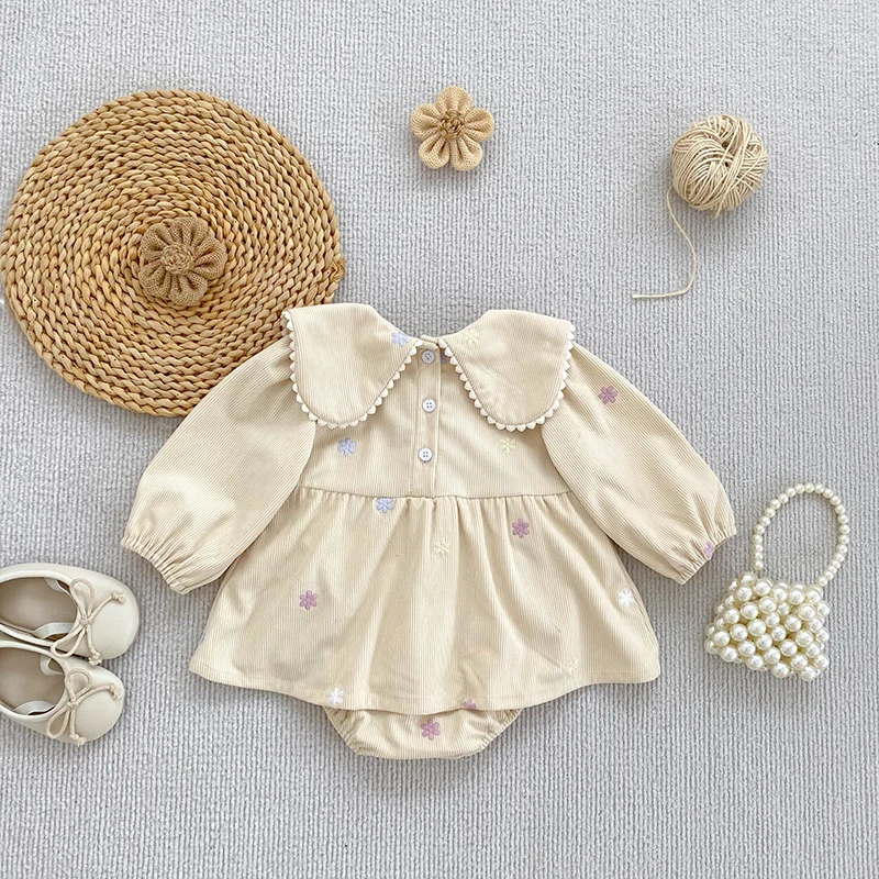 2026 Baby-Mädchen-Stramplerkleid Frühling Herbst Langarm Bunte Blumenstickerei Gestreifter Säuglings-Body Neugeborenes Mädchen 0-24M – Detail 5