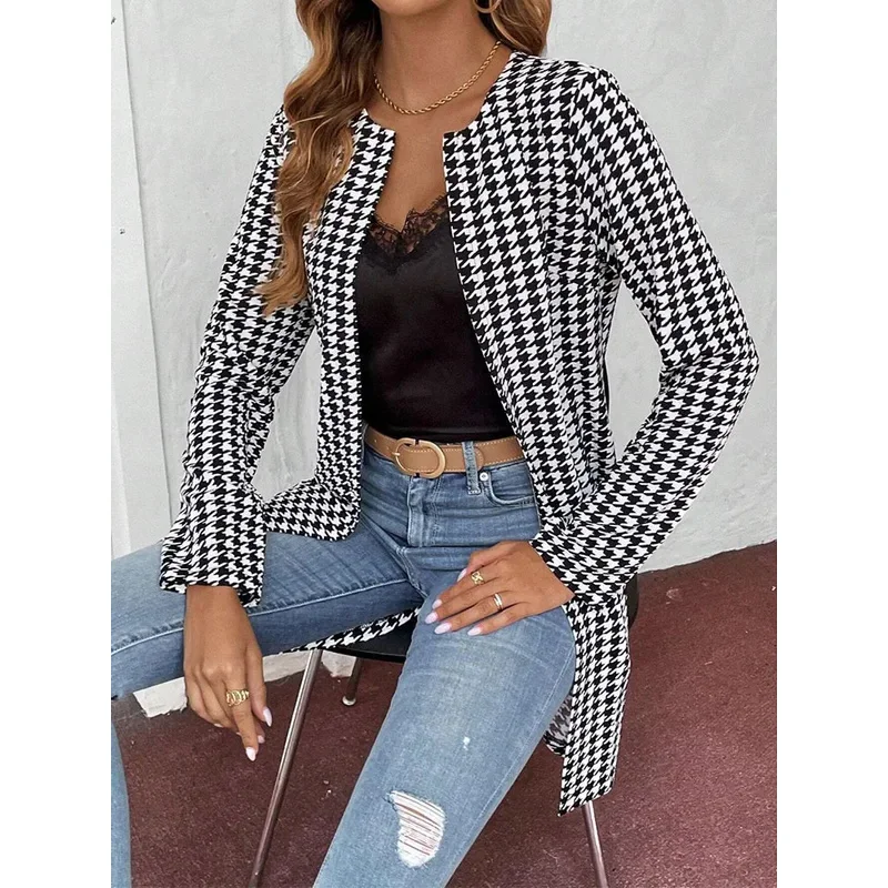 

Spring and autumn new women's fashion temperament thousand bird lattice long sleeve no buckle long coat cardigan