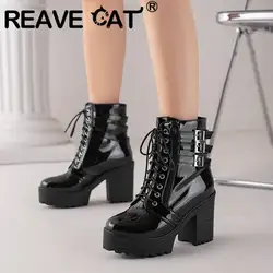 REAVE CAT Design Shoe Mid Calf Boots Round Toe Block Heel 9.5cm Lace Up Belt Buckles Size 33 Size 43 Concise Dating