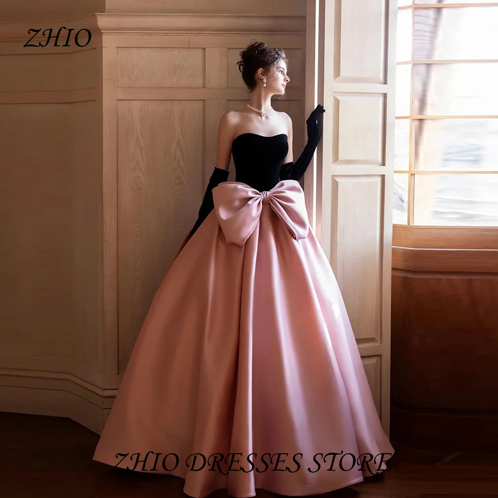 

ZHIO Luxury Black Pink Spliced ​​Satin Dress Oversized Bow French Off-Shoulder Party Birthday Party Evening Dress Customized
